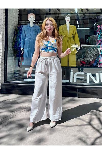 ufukmoda Lace-Up Linen Pants Cream