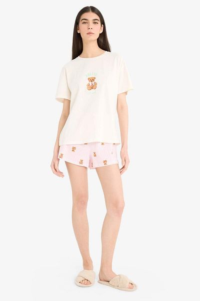 DeFacto Pajama Set Short Sleeve Printed Top Stretchy Waisted Shorts-Fall in Love F1623Ax25Sm
