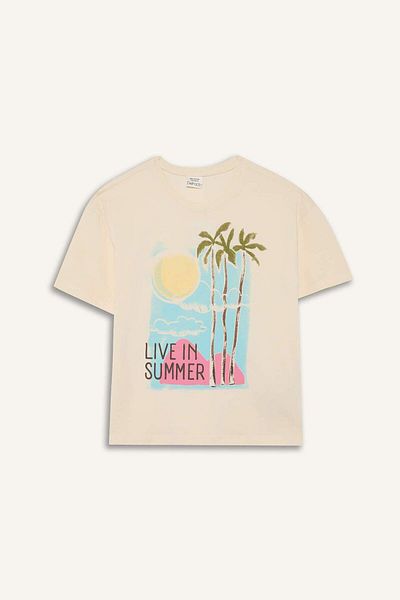 DeFacto Girls' Relax Fit Crew Neck Printed Short Sleeve T-Shirt E0353A825Sm