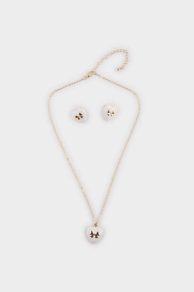 DeFacto Women's White Stone Bow Detailed Necklace Earring Set F0750Axns