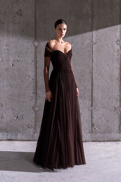 cercis Transparent Tulle Sleeves Strapless Long Evening Dresses