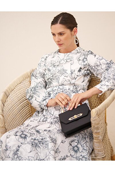 Kayra Floral Desen Şifon Elbise Ekru