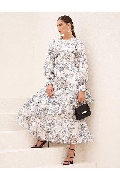Kayra Floral Pattern Chiffon Dress Ecru