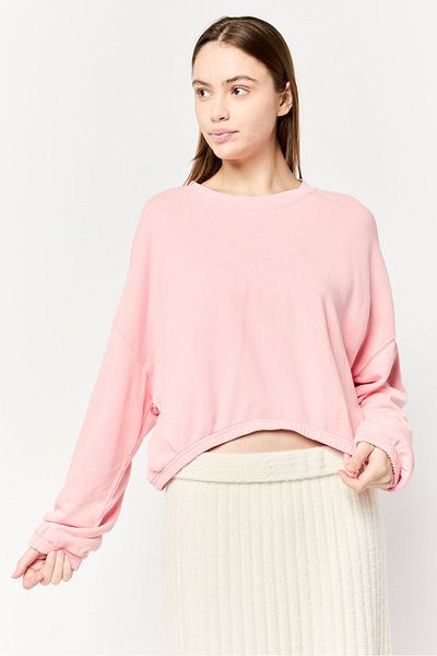 aerie Women Crew Neck Solid Long Sleeve Crop Sweatshirt, Pink