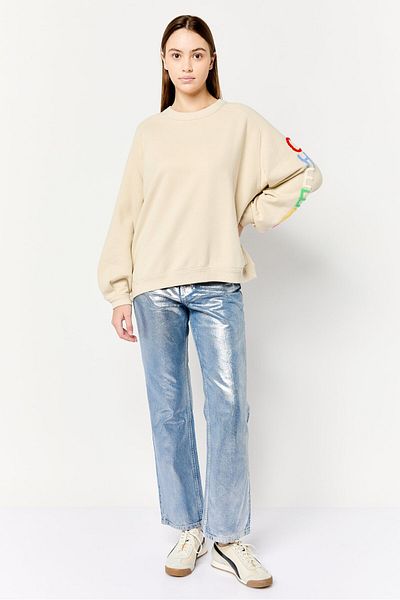 aerie Women Crew Neck Long Sleeves Embroidered Sweatshirt, Beige