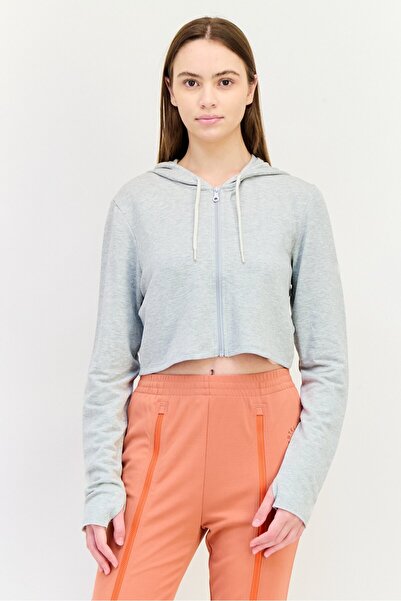 aerie سويت شيرت نسائي بأكمام طويلة وسحاب كامل، رمادي