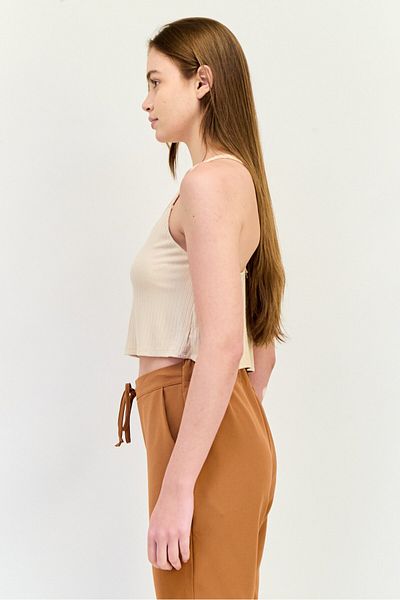 aerie Women V-Neck Sleeveless Textured Tank Top, Tan