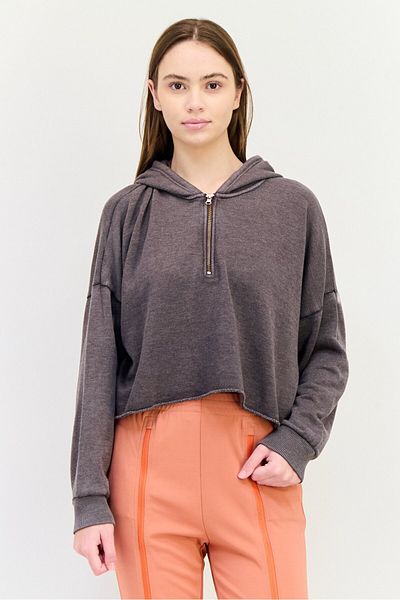 aerie Women Hooded Half Zip Long Sleeve Sweatshirt, Grey