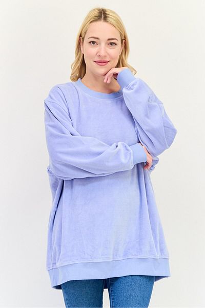 aerie Women Crew Neck Solid Velour Long Sleeve Sweatshirt, Dusty Blue