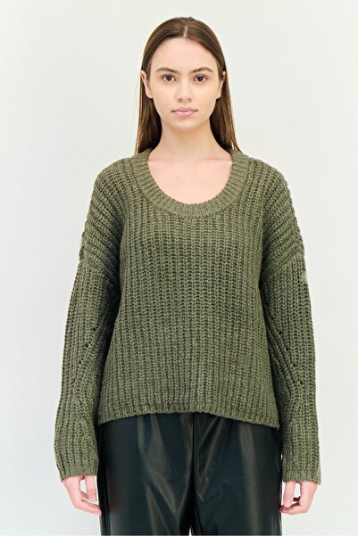 aerie Women Round Neck Textured Sweater, Olive