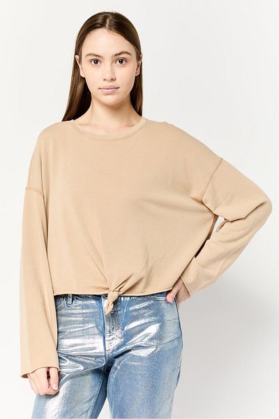 aerie Women Crew Neck Plain Tops, Tan