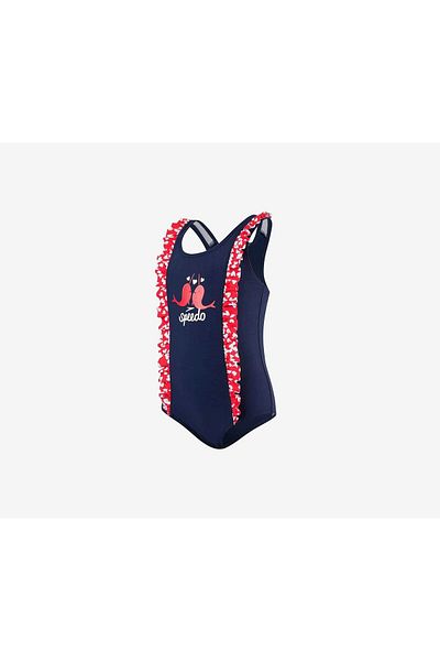 SPEEDO ملابس سباحة مزدوجة الكشكشة للبنات الصغيرات، باللون الأزرق الداكن والأحمر والأبيض