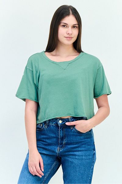 aerie Offline X Aerie Women Round Neck Short Sleeve Solid Crop Top, Dark Sage