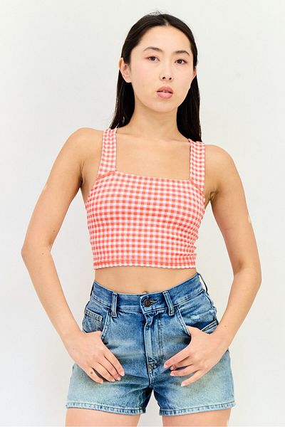 aerie Offline by Aerie Women Square Neck Sleeveless Gingham Tank Top, Red
