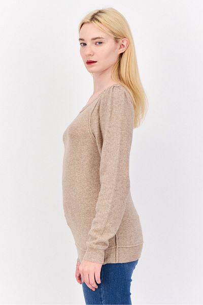 aerie Women Round Neck Knitted Sweater, Dark Beige Melange
