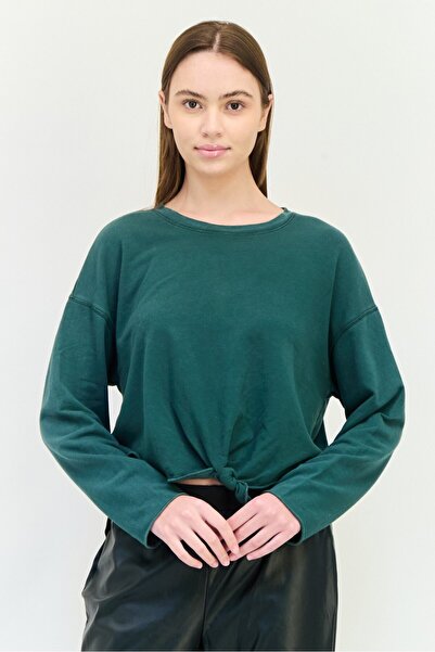aerie Women Round Neck Plain Long Sleeves Cropped Top, Green