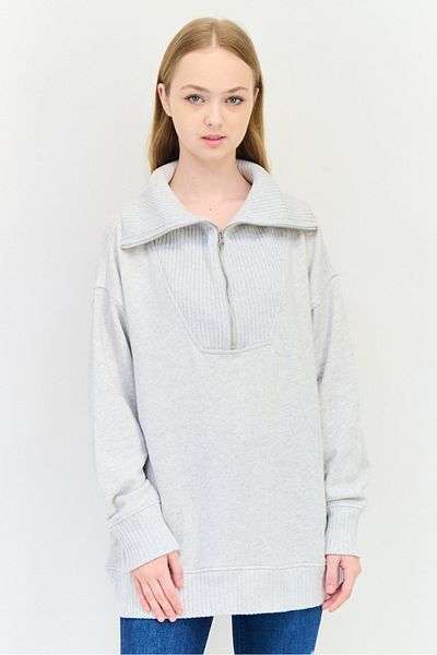 aerie Women Monk Neck Solid Long Sleeves Sweatshirt, Light Grey