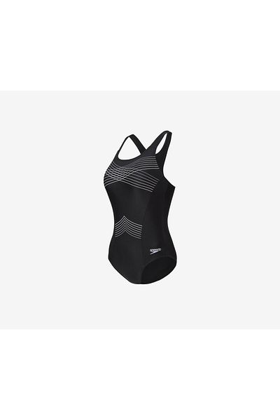 SPEEDO ملابس سباحة نسائية من قطعة واحدة بطبعة شعار، باللونين الأسود والأبيض