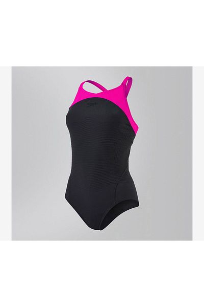 SPEEDO Women Fit Power Form Xback Swimsuit, Black and Pink