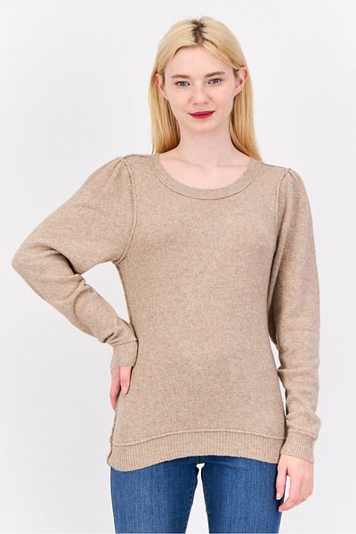 aerie Women Round Neck Knitted Sweater, Dark Beige Melange