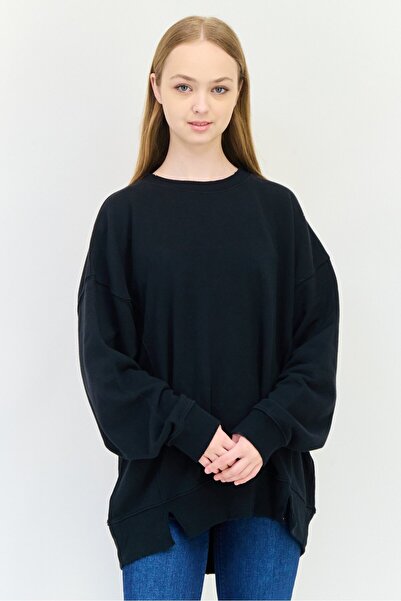 aerie Women Crew Neck Solid Sweaters, Black