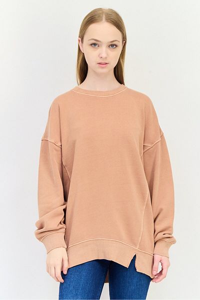 aerie Women Crew Neck Plain Long Sleeves Sweatshirt, Tan