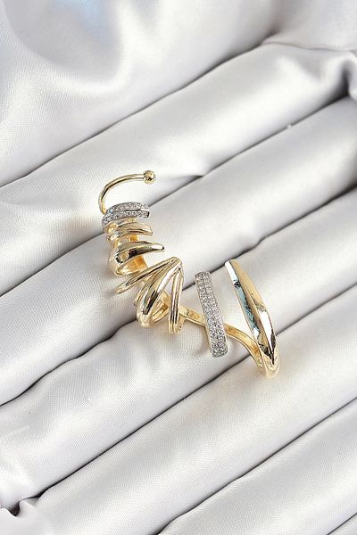 Clariss Gold Color Women's Right Cartilage Earring with Spiral Figure with Brass Zircon Stone Plated