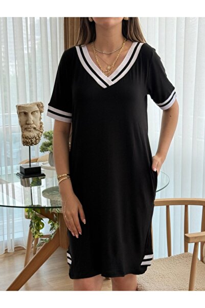 JANES Women's Short Sleeve V-Neck Rib Detailed Pocket Knee Length Viscose Dress