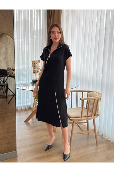 MRA Fashion Women's Short Sleeve Collar and Hem Zippered Midi Viscose Two Thread Dress