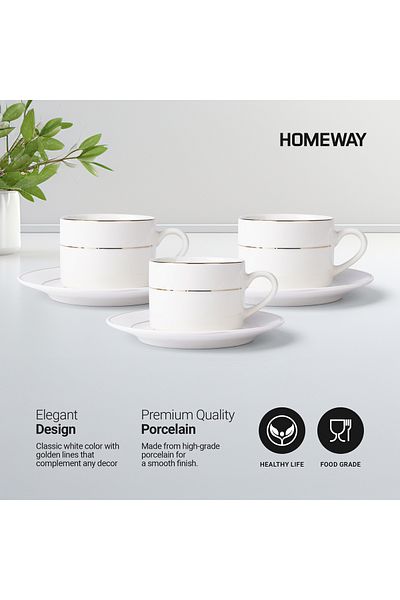 CLIKON Homeway 6-Piece Porcelain Cup & Saucer Set – Elegant Tea & Coffee Mugs for Home & Office