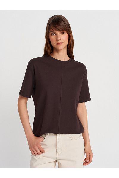 Dilvin 31218 Stitch Detailed T-Shirt-Dark Brown
