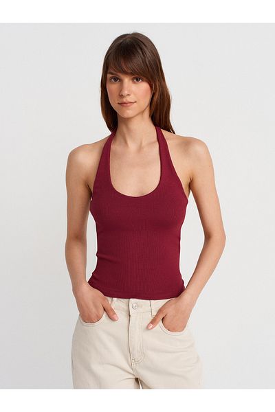 Dilvin 21052 Halter Neck Top-Light Burgundy