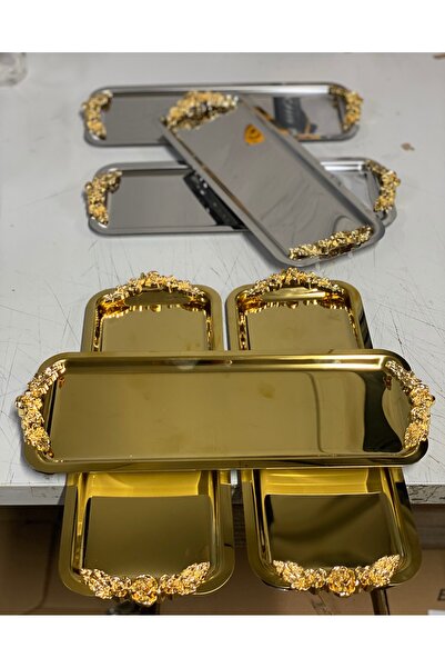 SEVA ÇELİK Steel Rectangle 3 Pieces Gold 3 Pieces Silver Handle Service and Presentation Tray