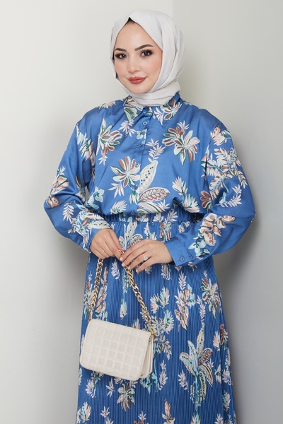 InStyle Saten Çiçekli İndigo Piliseli Etekli Takım