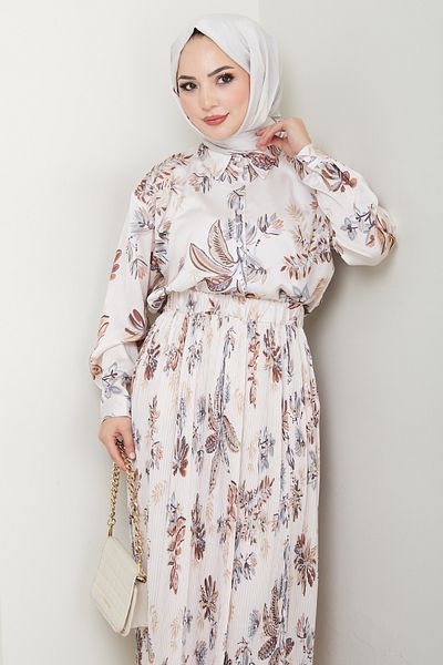 InStyle Σατέν Floral Καφέ Πλισέ Φούστα