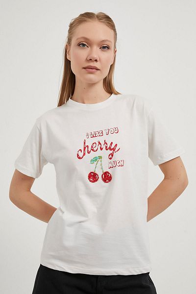 Arma Life Women's Cherry Pattern Bead Embroidery Summer White T-Shirt