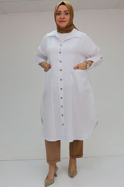 Eslina 58071-1 Large Size Muslin Shirt with Front Pockets - Ecru