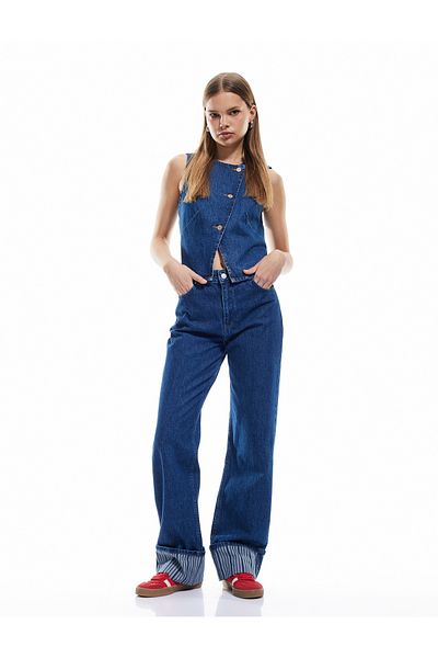 Koton New Season Cotton Sleeveless Buttoned Double Breasted Collar Denim Vest