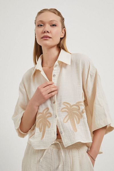 Arma Life Women's Patterned Short Sleeve Summer Ecru Muslin Shirt