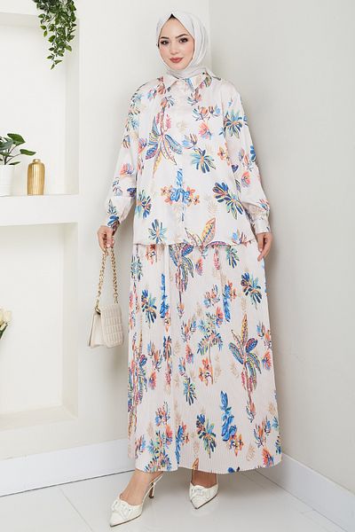 InStyle Σατέν Floral Πορτοκαλί Πλισέ Φούστα Σετ