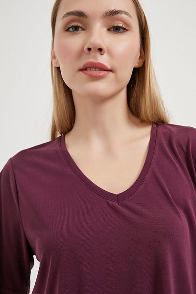 Arma Life Tricou de damă cu decolteu în V modal casual roșu Claret cu mânecă scurtă