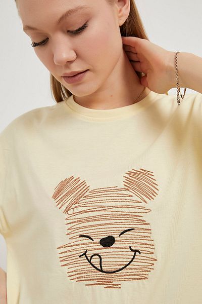Arma Life Tricou galben cu mânecă scurtă cu broderie ursuleț pentru femei