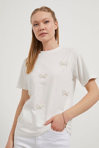 Arma Life Women's Pearl Bow Crew Neck Basic White T-Shirt