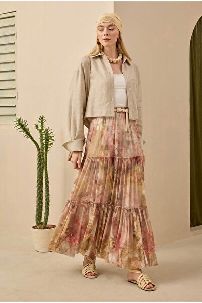 HEQA Katlı Tül Etek Floral Desen Yağ Yeşili