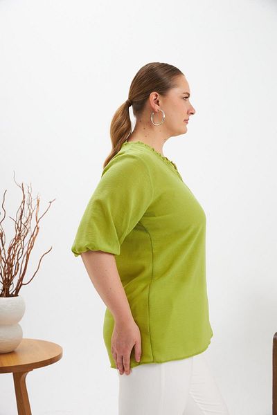 RMG Flounced V-Neck Short Sleeve Women's Blouse Oliv