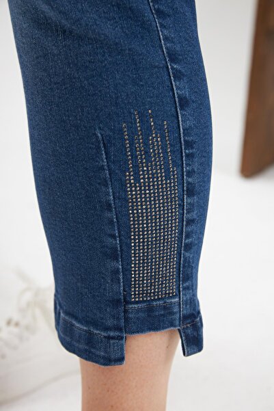 RMG Büyük Beden Taş Detay Denim Kapri Kim. Mavi