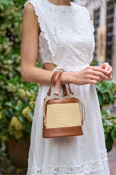 Madamra Tan Straw Knitted Bucket Bag – Bohemian Style Knitted Women's Hand & Shoulder Bag Summer–Casual