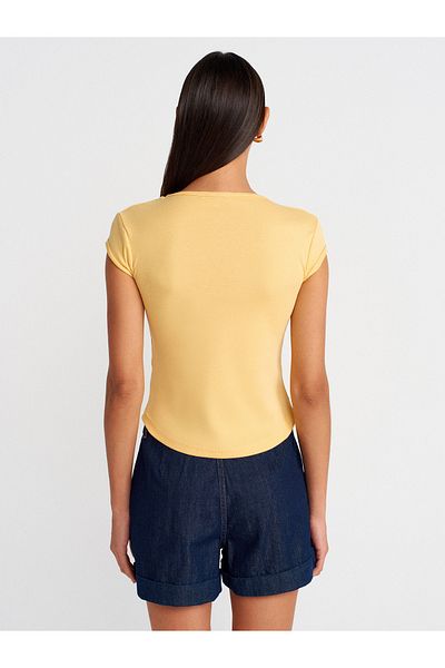 Dilvin 31779 Crew Neck Basic T-Shirt-Yellow