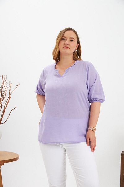RMG Flounced V-Neck Short Sleeve Women's Blouse Lilac