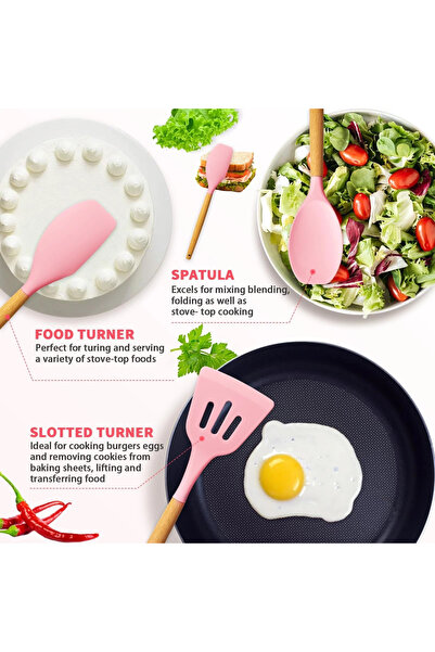 Primo Plus 11-Piece Barreled Cooking Utensils Set With Wooden Handle Pink/Brown